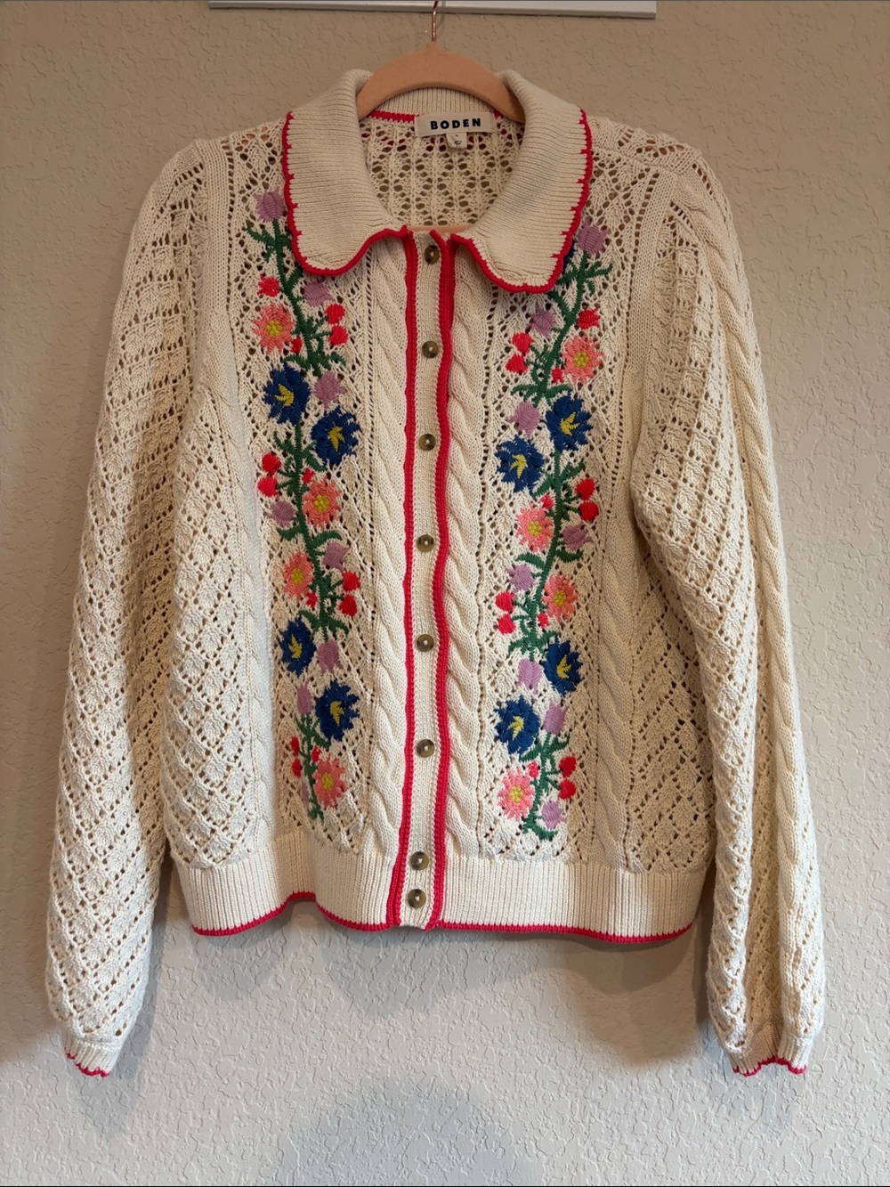 NWOT Boden Cream Openwork Floral-Embroidered Cardigan with Pink Trim - Picture 2 of 5